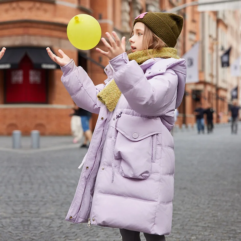 

2025 Winter Down Jacket For Girls 80% White Duck Down Thick Thermal Long Teen Girl Jacket Solid 6-14Y Kid Girl Parka Outerwear