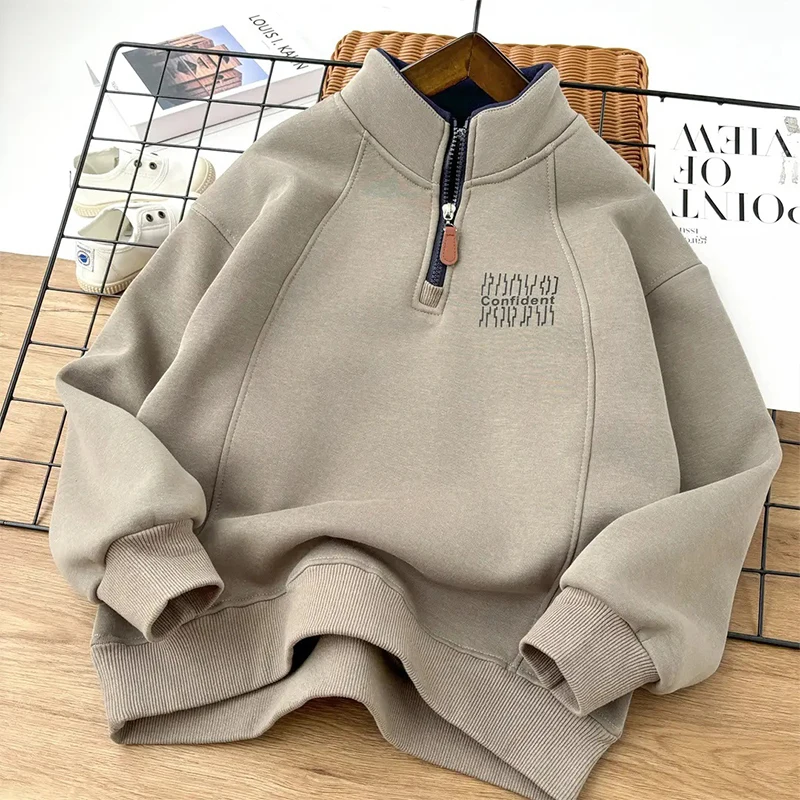 Neue warme Plüsch-Sweatshirts für Jungen, Herbst-Winter-Mode, Stehkragen, dicker Pullover, lässiges Oberteil für Kinderkleidung 3-14 Jahre – Detail 4