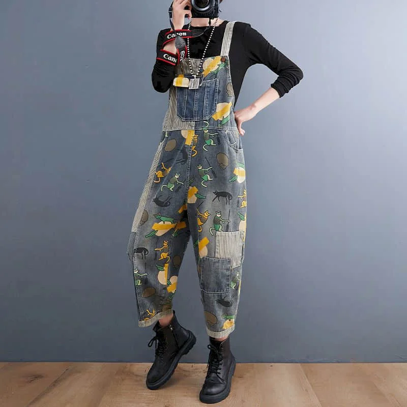 Printed Jumpsuits for Women Pocket Design Harem Pants Vintage One Piece Outfit Women Clothing Safari Style Loose Casual Rompers