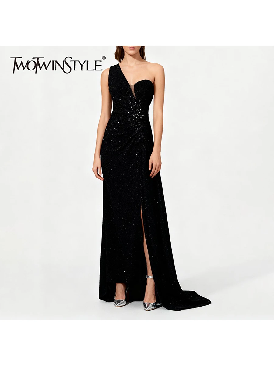 

TWOTWINSTYLE Slimming Spliced Appliques Long Dresses for Women Diagonal Collar Sleeveless Patchwork Strap Irregular Dress Female
