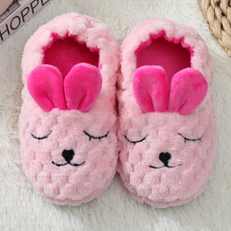 Fashion Toddler Girls Slippers for Winter Baby Loafers Plush Warm Cartoon Bunny Rubber Sole Children Home Shoes Indoor Footwear