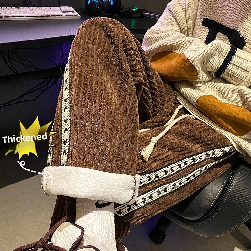 

Men's Corduroy Pants Thiened Fce Warm Sports Casual Trousers Winter New Stripe Belted Straight Leg Anti-Wrinkle Faion ...