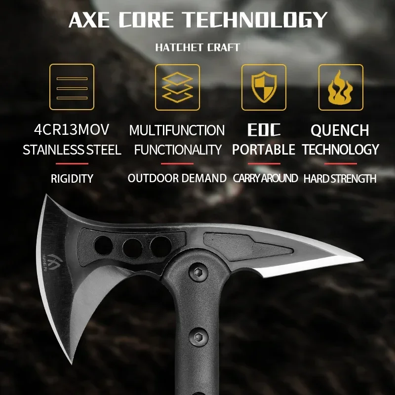 HUANGFU4cr13 Steel Multi functional Battle Axe - Portable Survival Axe for Outdoor Camping, Hunting, and Emergency Situations