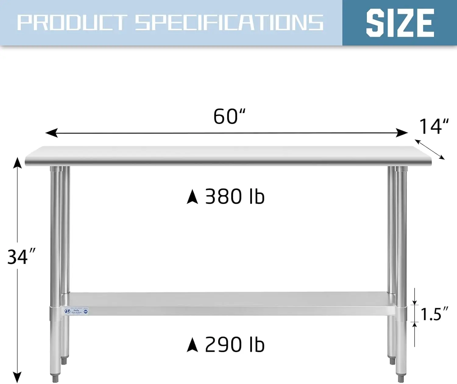 Work 14 X 60 Inches, NSF Commercial Heavy Duty Table W/Undershelf & Galvanized Legs for Restaurant, Home and Hotel