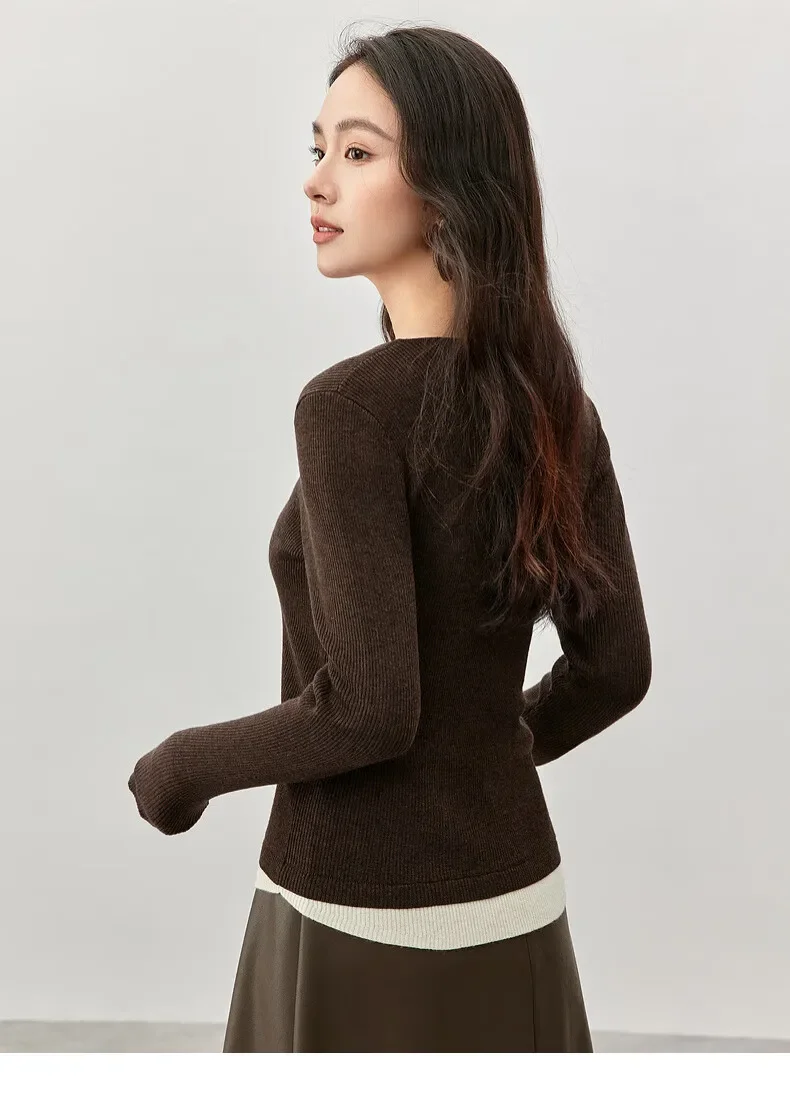 SENTUBILA Autumn Winter Spliced Wool Pullovers 2024 Patchwork Knittted Slim 2 in 1 Jumper 2024 New Women Clothing W43H57553