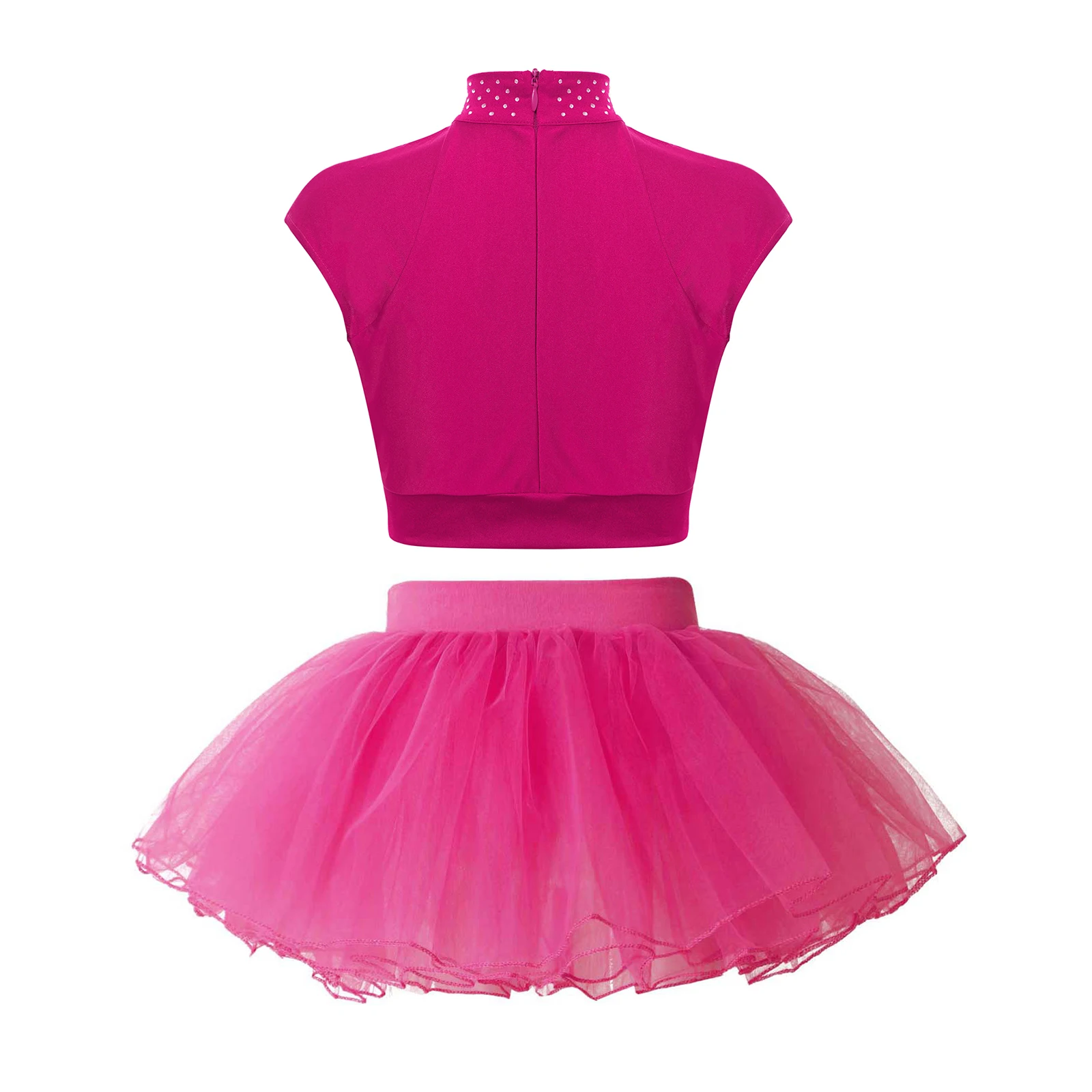 Kids Girls Ballet Tutu Dress Sleeveless Rhinestones Crop Top with Sheer Mesh Skirt Figure Skating Ballroom Competition Costume