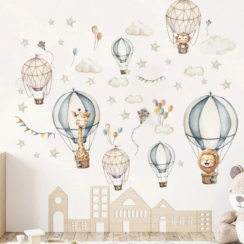 Watercolor Animal Hot Air Balloon Wall Stickers Giraffe Lion Monkey Star Cloud Wall Decals Bathroom Bedroom Home Wall Decor