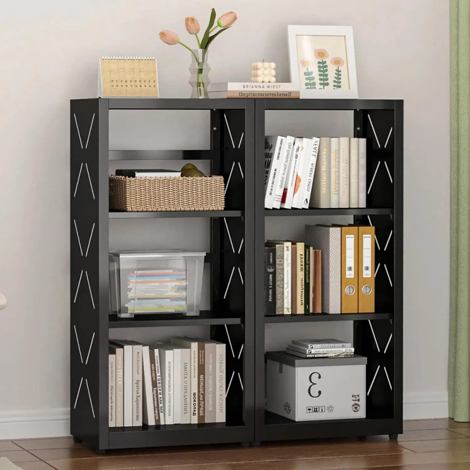 3 Tier Metal Bookshelf with Bookends, Storage Display Rack for Home Office Library, Customized