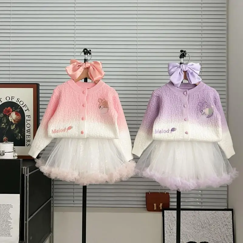 Kawaii My Melody Set pakaian perempuan kartun anak-anak Kuromi rajutan kardigan rok jala versi Korea lucu rok putri hadiah