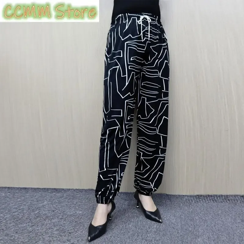 

Summer Thin Loose Bloomers Trousers Female Clothing Casual Printed High Waist Elastic Stylish Drawstring Commute Vintage Pants