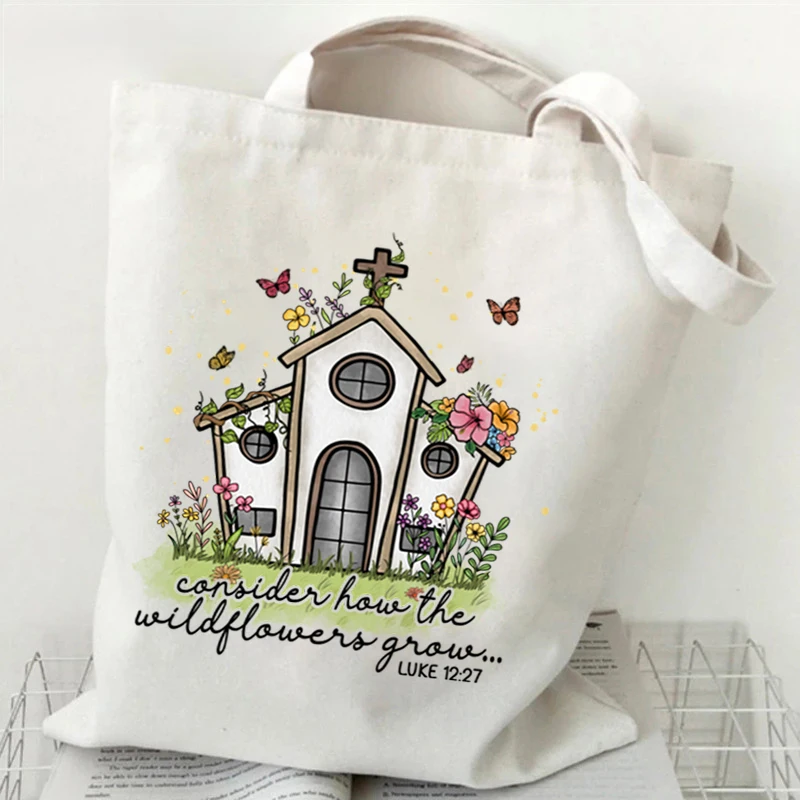 Regalo de cristianos, bolso de lona, monederos y bolsos con estampado de letras de flores silvestres, bolsas de compras de fe cristiana religiosa divertida