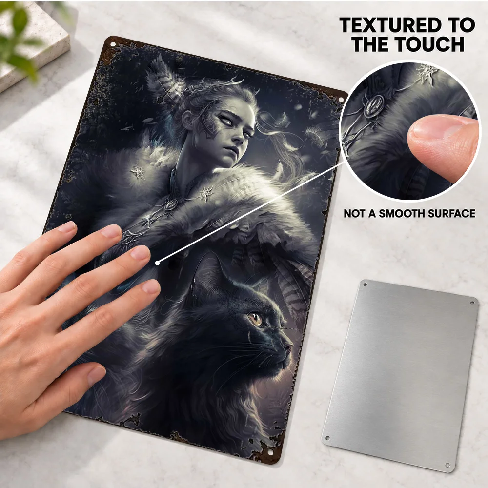 Freyja And Two Cats Textured Metal Poster Personalized Aluminum Sign Color Photography Wall Art For Bedroom Fantasy Lover Gift