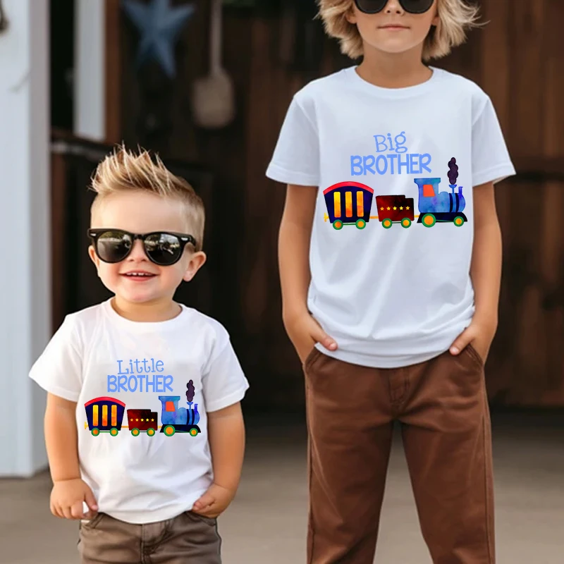 Big Brother Little Brother Print T-shirt Sibling Matching Outfits Watercolor Train Baby Boy Clothes Siblings Kids Cotton T-Shirt