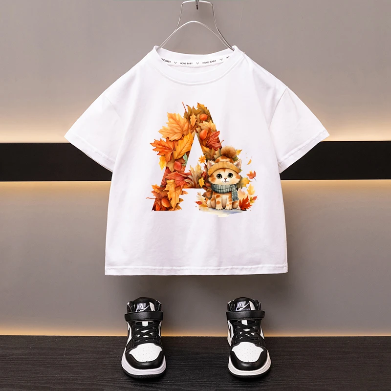 Maple Leaves Letter A Children T-shirt Kawaii Clothes for Girls T Shirt Anime Cartoons Casual Kid Boy Short Sleeve Tops New 2024