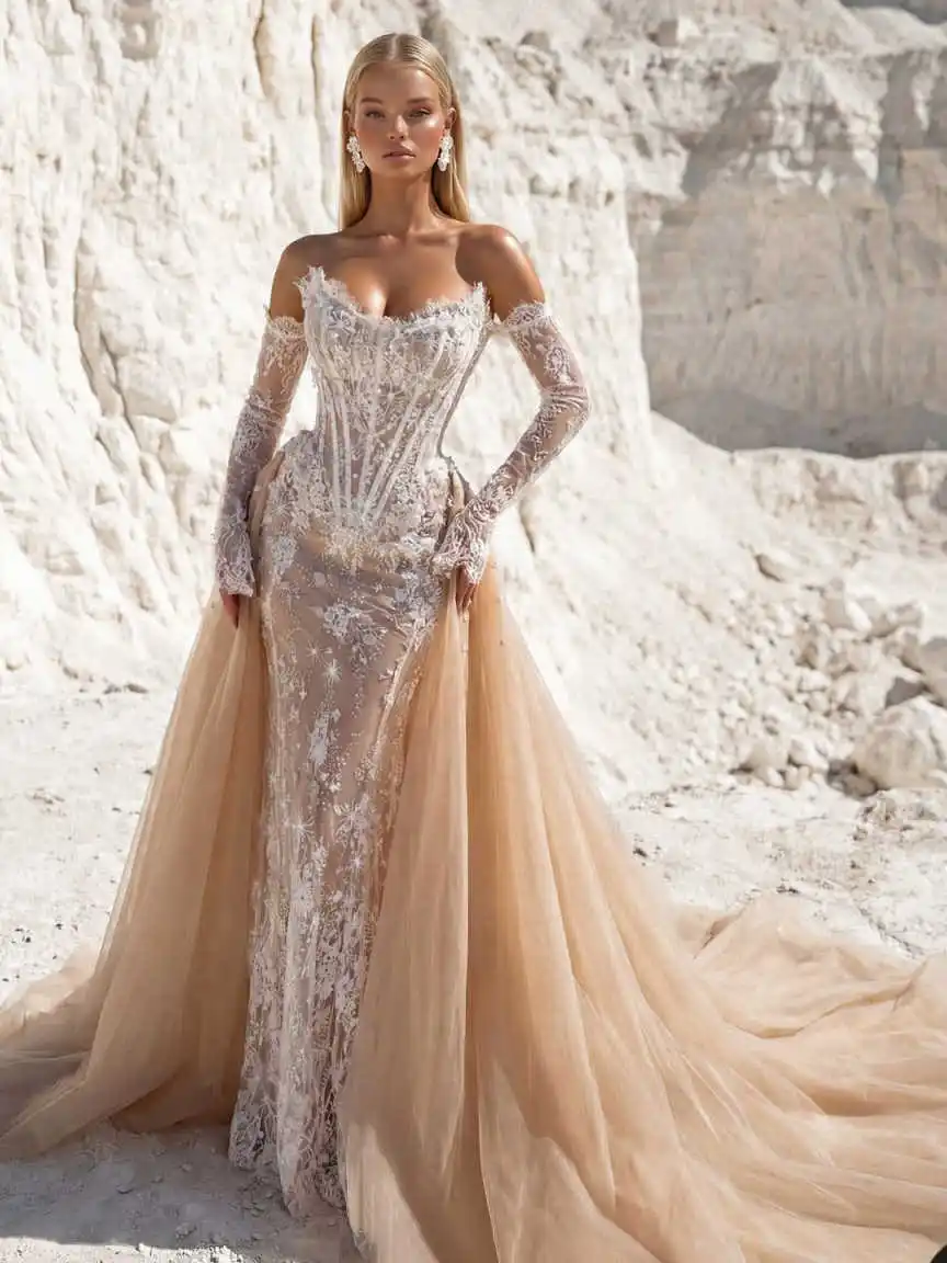 Gorgeous Mermaid Wedding Dress With Strapless Applique Floor-Length Lace Bridal Gowns Plus Size Formal Occasion Customized