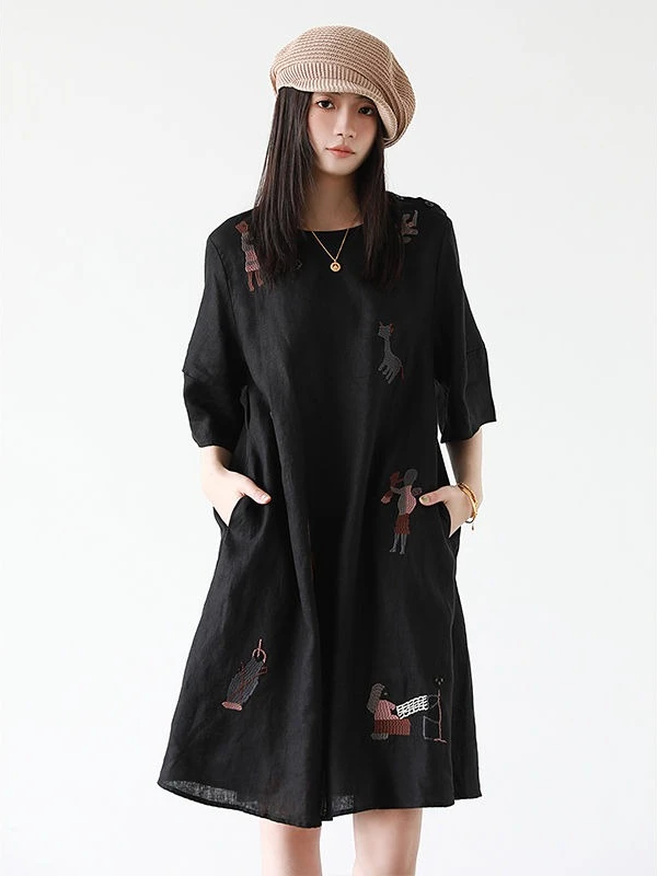夏の新しいレディースTシャツワンピース刺繍ルーズドレス