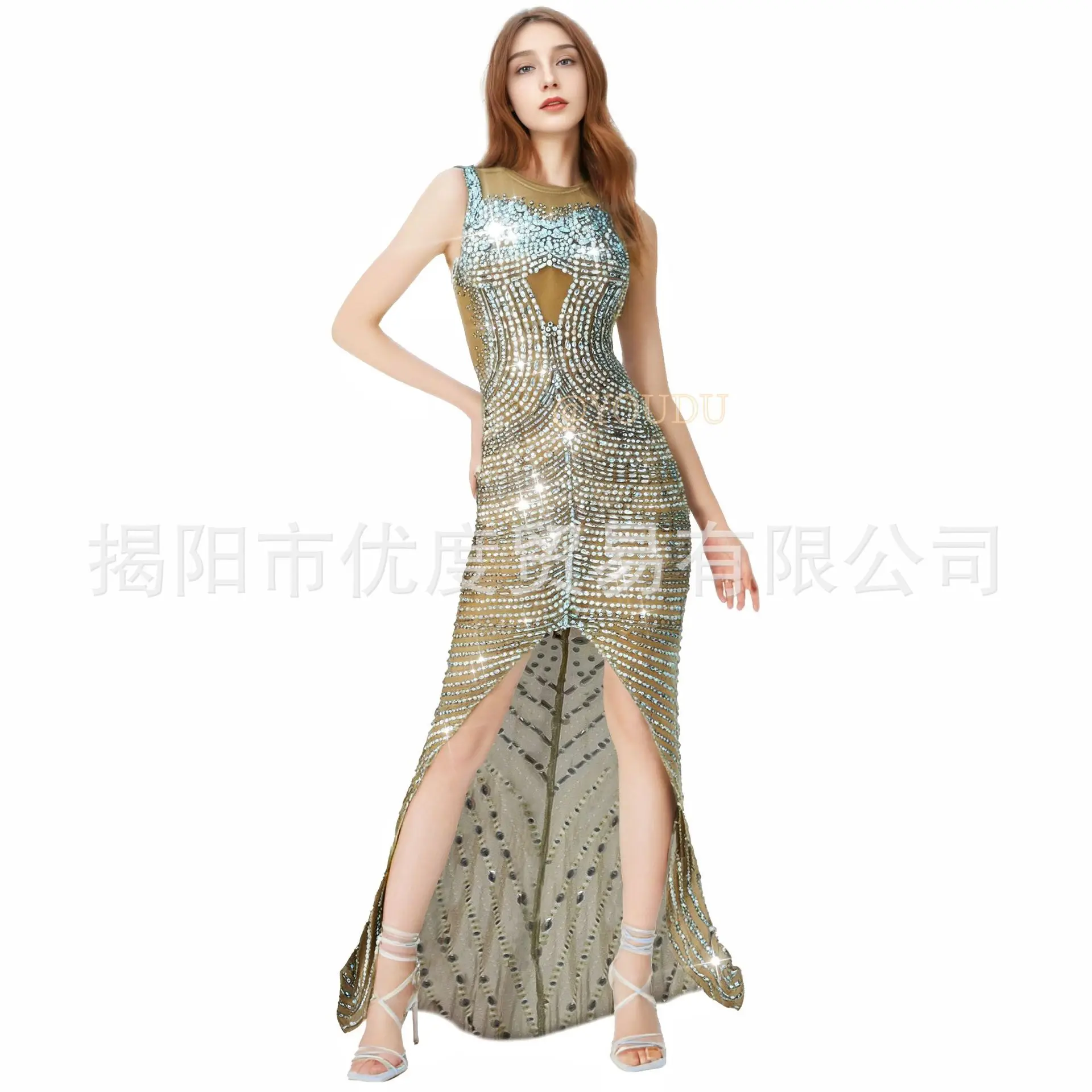 Luxury Niche Silver Rhinestone Mesh Perspective Split Elegant Cocktail Dress Performance Dress Double Hook Skirt Vestido De Gala