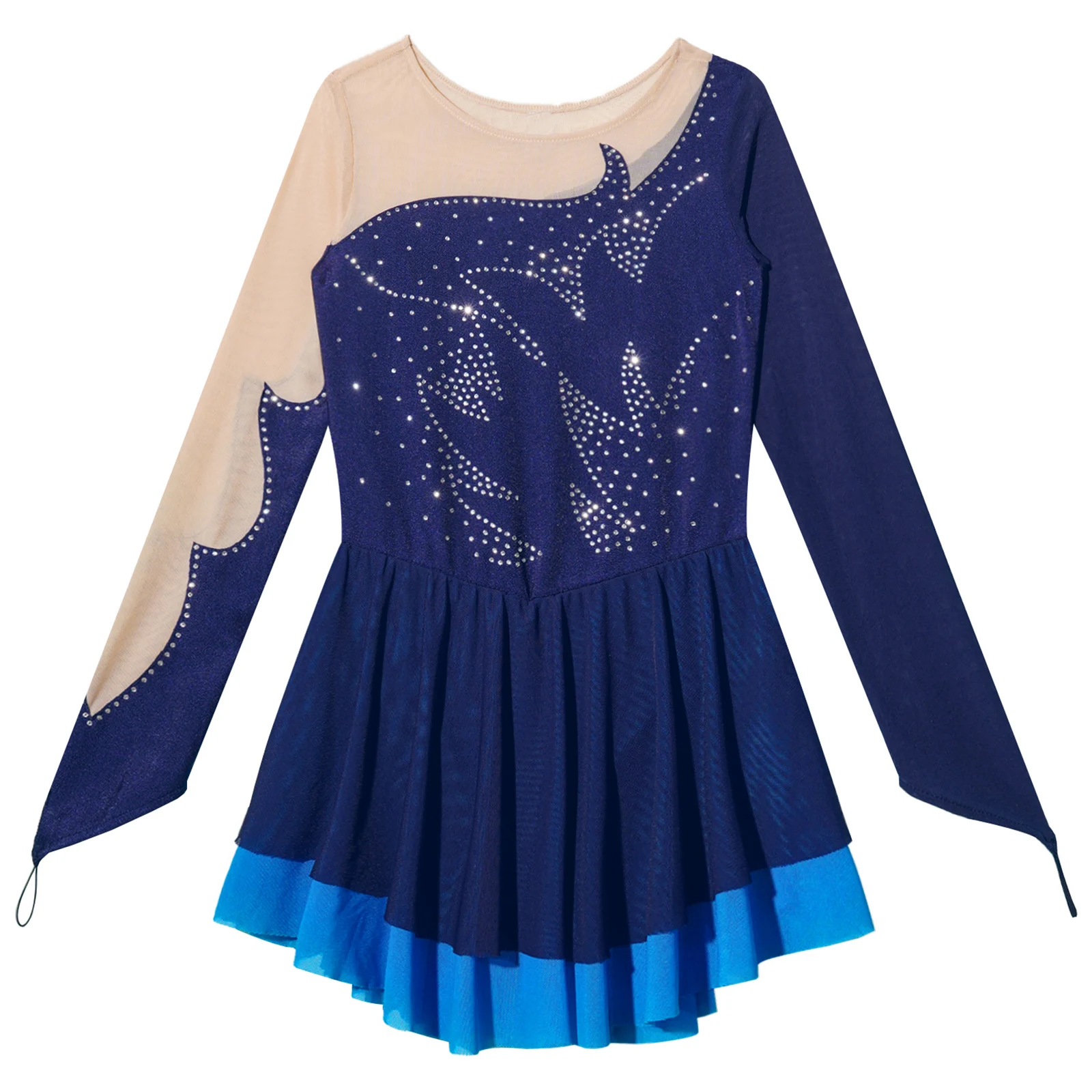 Kids Girls Long Sleeve Mesh Splice Ice Skating Ballet Dress Color Block Rhinestones Leotards Modern Contemporary Lyrical Dress