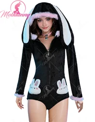 Mobbunny Women Cute Bunny Furry Bodycon Romper Kawaii Black Rabbit Bodysuit with Choker Tail and Stocks Cosplay Costumes