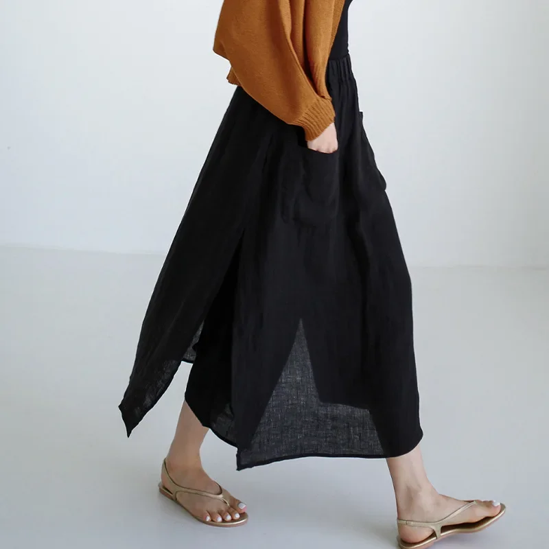 Damskie spodnie letnie w stylu vintage, 100% len, szerokie nogawki, spódnico-spodnie z kieszeniami, elastyczna wysoka talia, luźne, swobodne spodnie damskie.