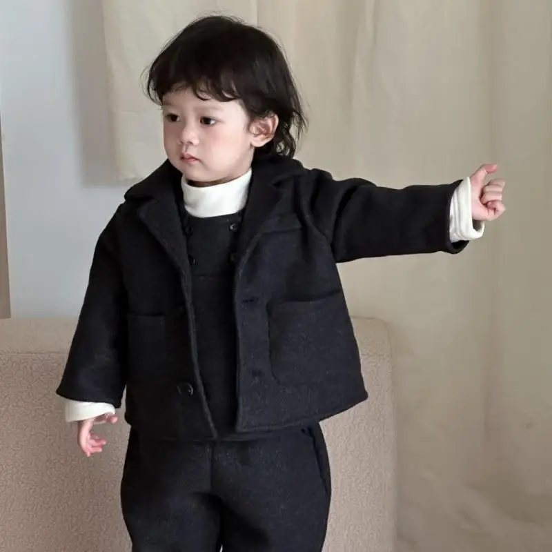 

2025 Winter New Baby Long Sleeve Clothes Set Boys Woolen Overcoat + Pants + Vest 3pcs Suit Infant Toddler Thick Warm Outfits