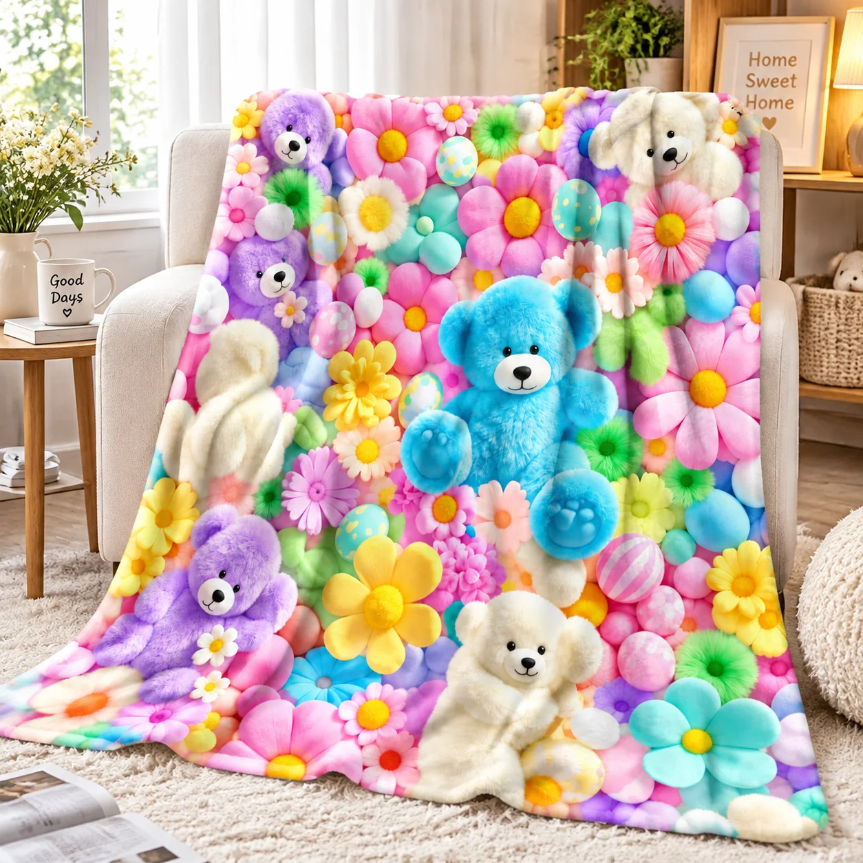 3D Fluffy Teddy Bear Flower Blanket, Cute Colorful Daisy Plush Throw Blanket, Soft Fuzzy Sherpa Blanket for Sofa Bed Girls Kids