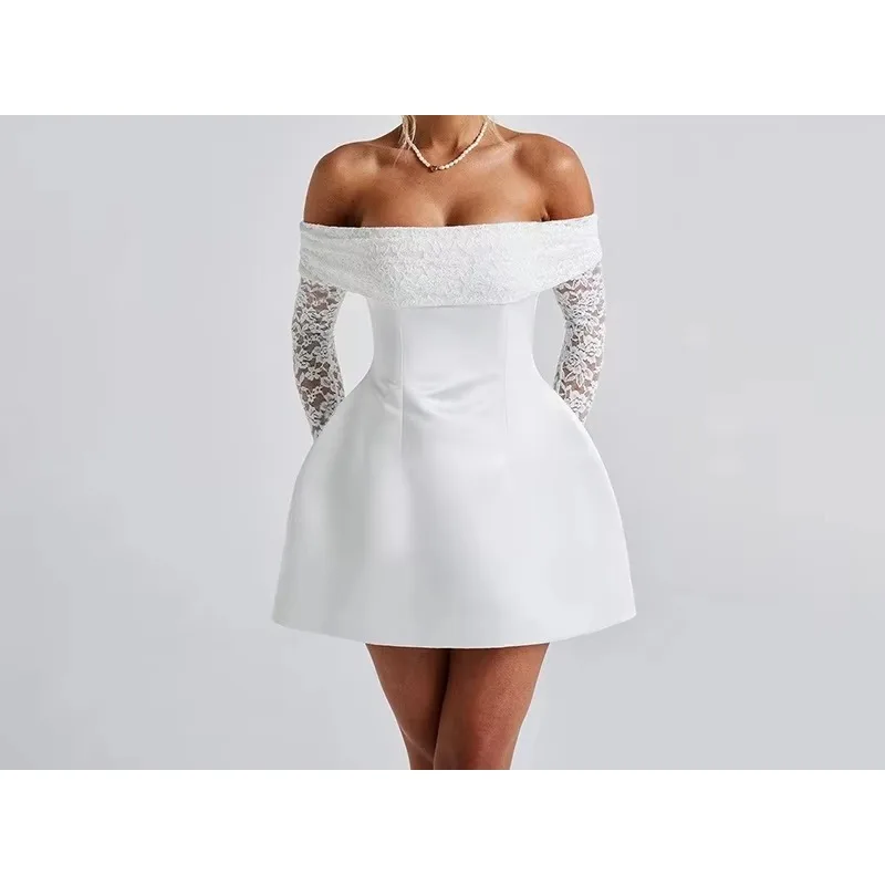 European and American Women's Clothing New Solid Color Sexy One Shoulder Lace Patchwork Slim Fit Dress for Women