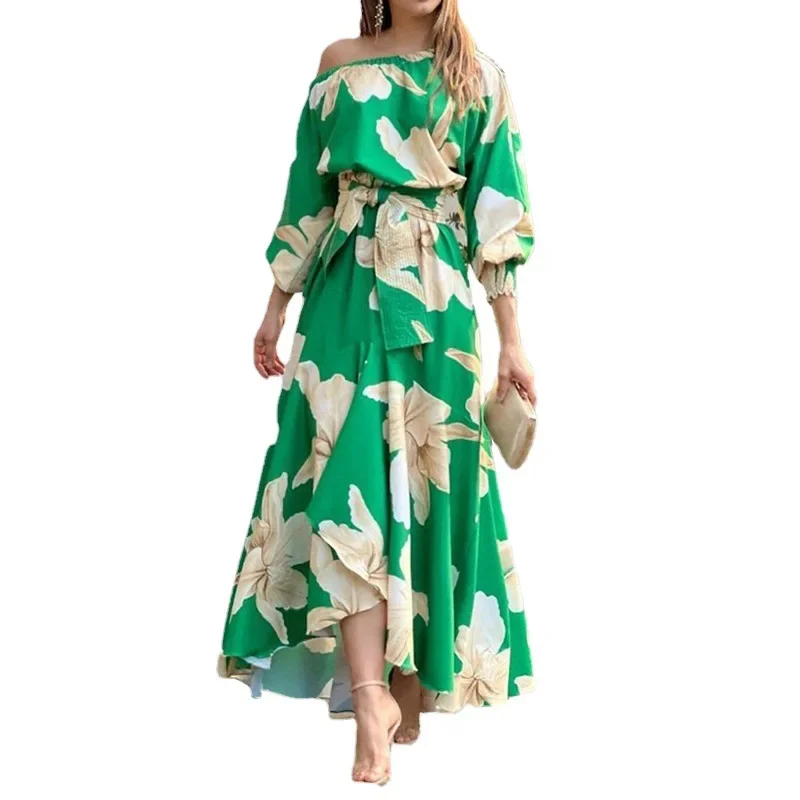 Temperament Elegant Woman Dress Commuter Print Lantern Sleeve Maxi Dresses for Women Belt Lace Up A-line Dress Summer Vestido