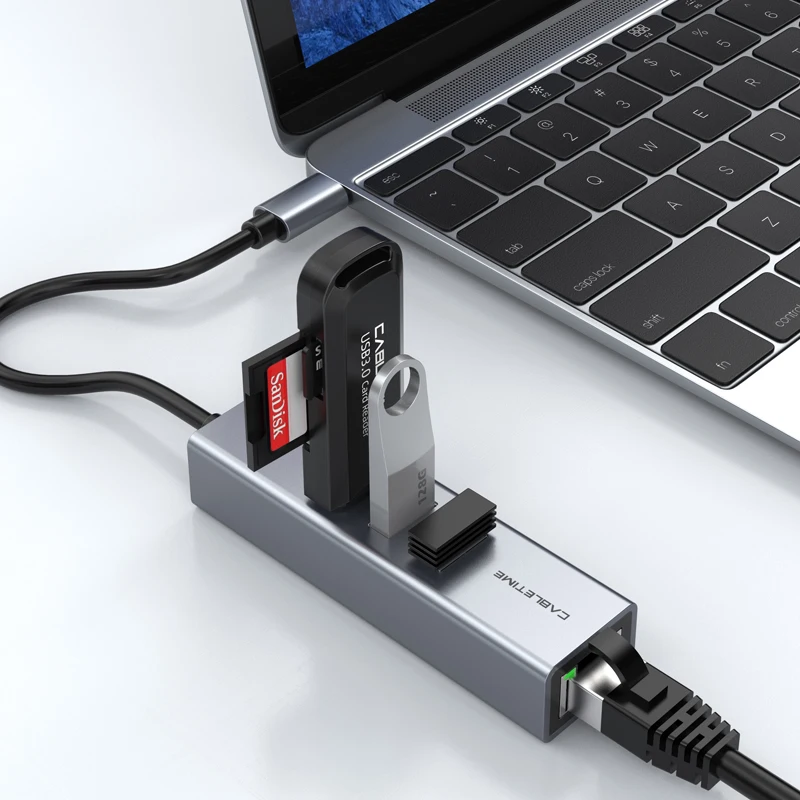 CABLETIME USB C Ethernet Adapter 1000Mbps Gigabit LAN RJ45 Network Card with 3 Ports for MacBook - USB 3.0 Laptop Hub