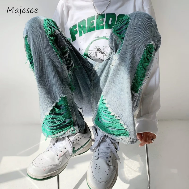 

Men Jeans Fashion Destroyed Ripped Design Hole Denim Trousers Daily Baggy Hip Hop Leisure American Mopping Pantalones Autumn