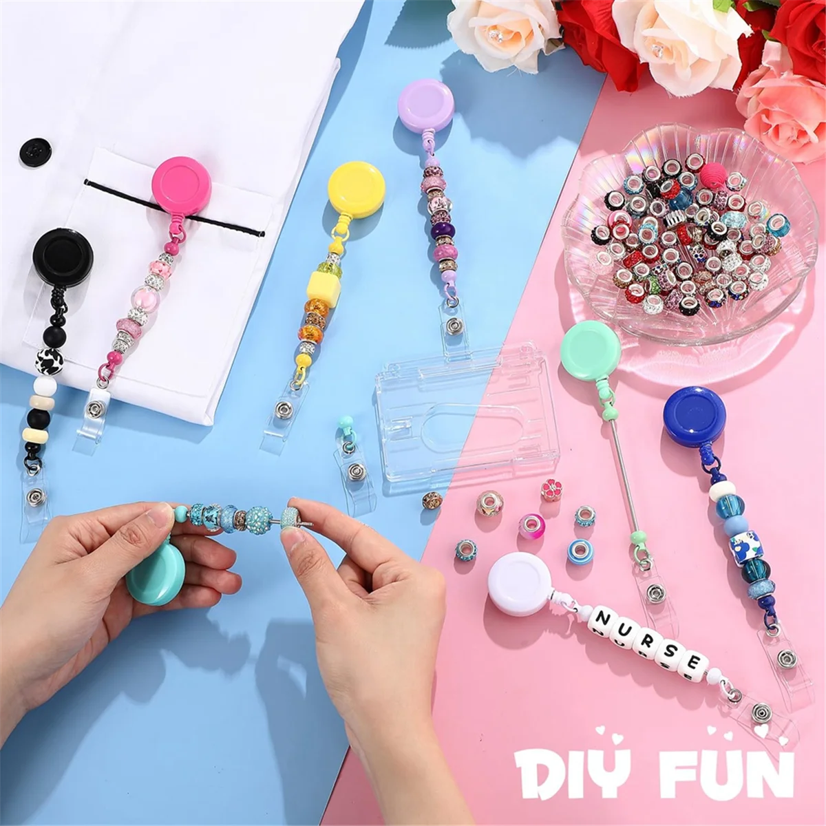 Enrouleur de badge rétractable avec clip de ceinture, porte-badge perlé, barre vierge en vrac, nom d'identification, coloré, 24 pièces