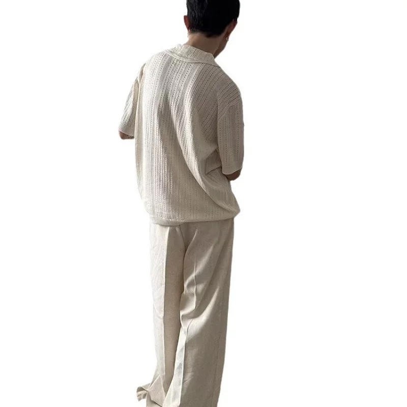 Premium American Retro Hollow Out Collar Short Sleeve Knitted Shirt Men Fashionable Loose Lazy Lace Shirt Cardigan Top