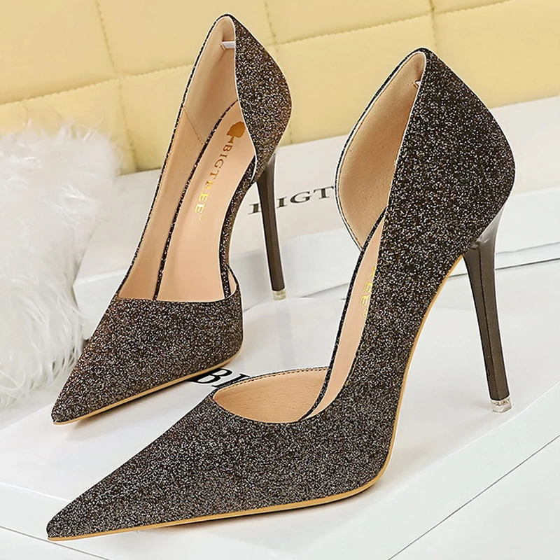 BIGTREE Shoes Retro Women Pumps Sequin Cloth Shine High Heels Pointed Stilettos Heels Sexy Party Shoes Ultra-high Heel 11cm Pump