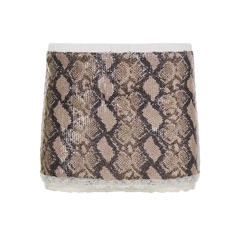 مثير الأفعى نمط مطبوعة حبة الورك تنورة المرأة الدانتيل الربط مثير تنورة قصيرة على شكل حرف A #5