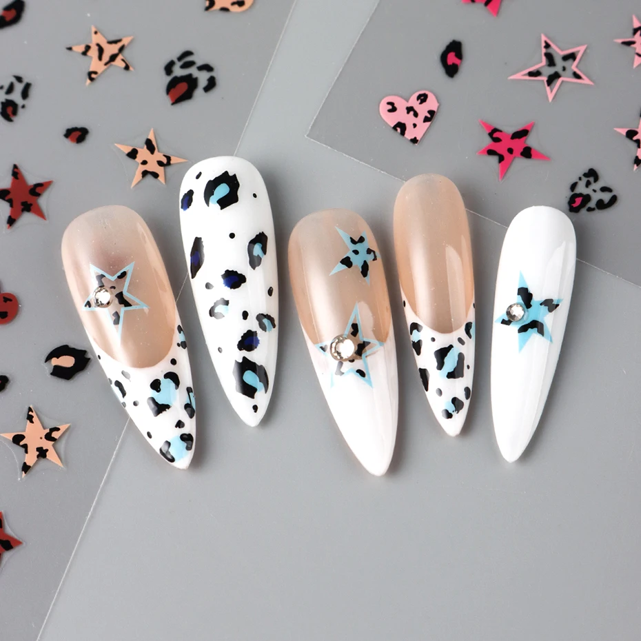 5 pcs Brown Leopard Print Nail Stickers Blue Pink Leopard Stars Self-Adhesive Sliders for Nails Leopard Heart Y2K Nail Art Decor
