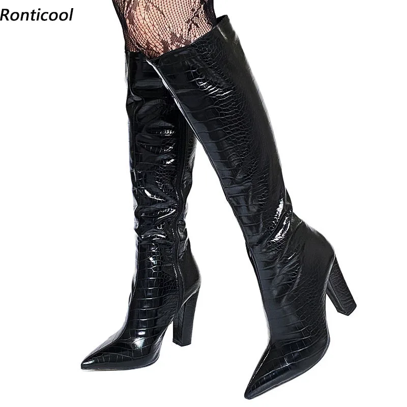 

Ronticool New Women Winter Knee Boots Side Zipper Chunky Heels Pointed Toe Elegant Black Gold Party Shoes Plus US Size 5-15