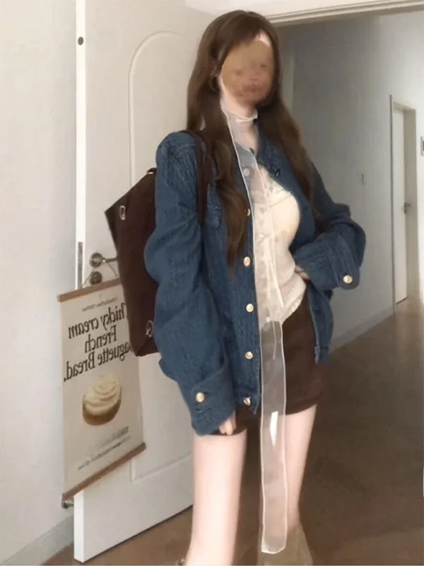 

American Style Blue Texture Denim Jacket Stand Collar Loose Fit Slimming Spring Autumn New Arrival Versatile Jacket Top