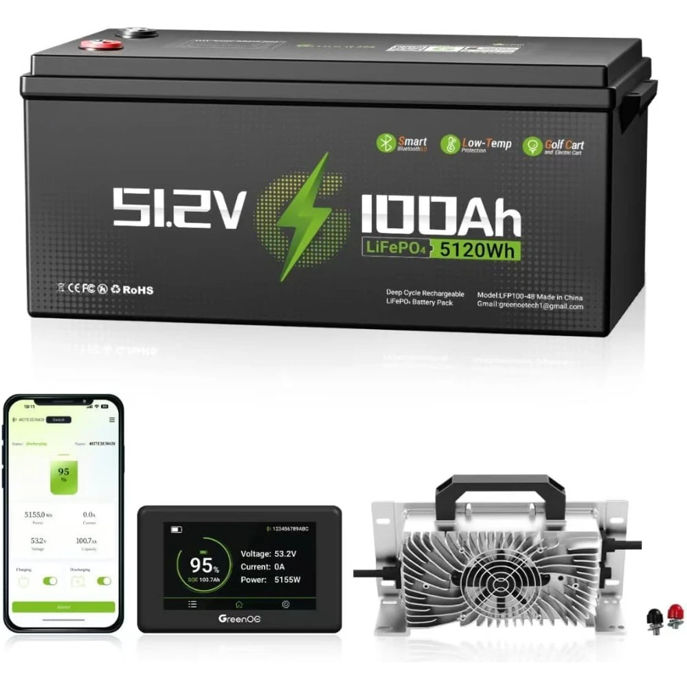 48V 100Ah Bluetooth Lithium Battery,Golf Cart Use,with Built in 200A BMS,5.12kWh 48V Lithium Battery with 10.24kW Output