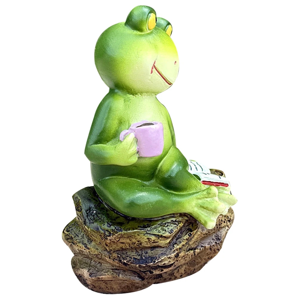 

Frog Statue Reading Statues Resin Ornament on Stone Animal Desk Book Figurine Drinking Decor Centerpiece