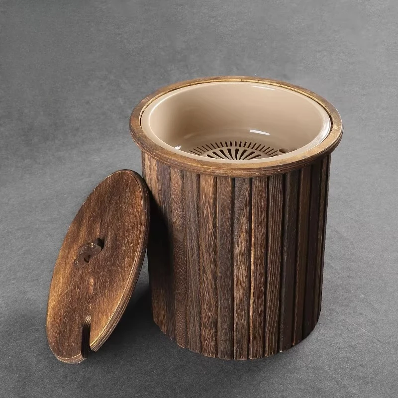 Solid Wood Tea Caddy with Dry Wet Compartment, Vintage Style Tea Waste Bin for Brewing & Cleaning, Dual-Use Tea Table
