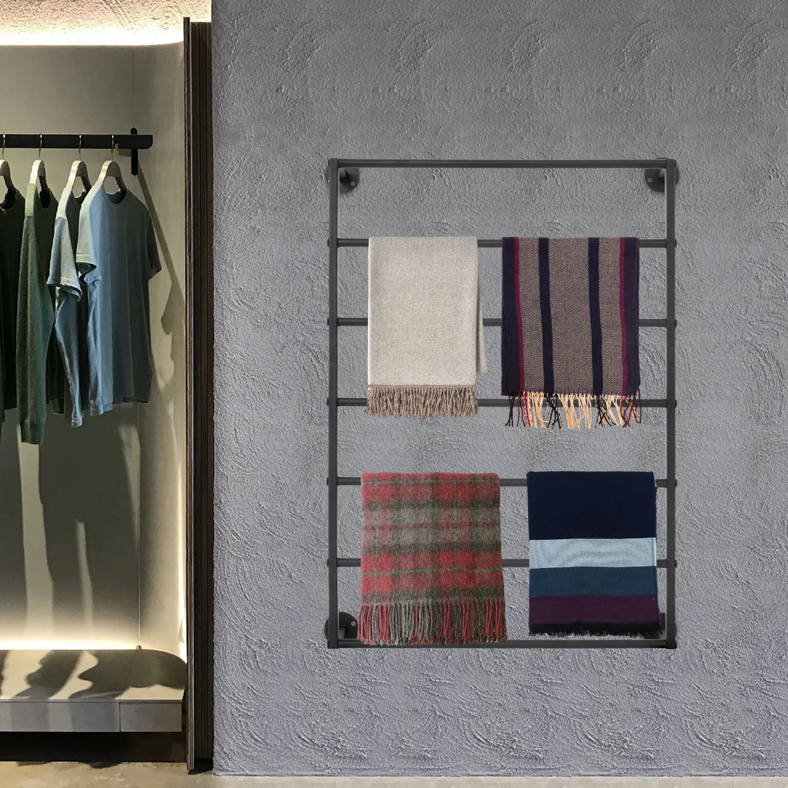 

7-Tier Wall Mounted Scarf Rack, 50lb Capacity Carbon Steel Display Shelf, Space Saving Towel & Shawl Organizer in Black