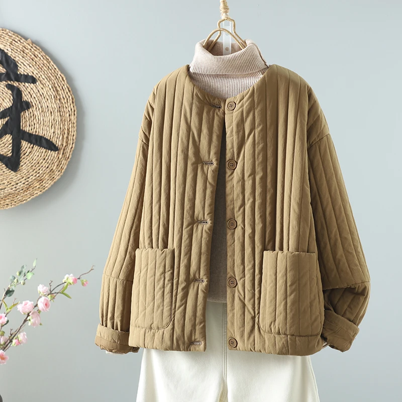 

Retro round Ne Thiened Cotton Jaet Women's Winter New Sle Korean Loose Slimming Outerwear Pure Color Ribcage Sle