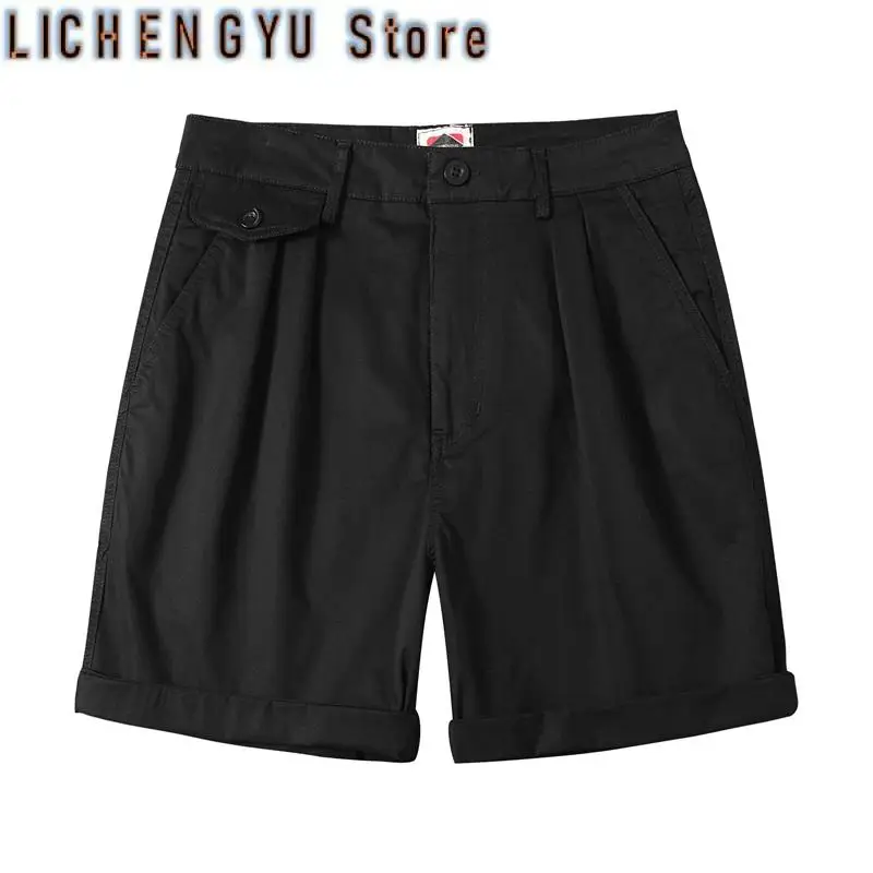 Summer American Retro Woven Thin Solid Color Cargo Shorts Men's Fashion Pure Cotton Washed Loose Casual Straight 5-point Pants