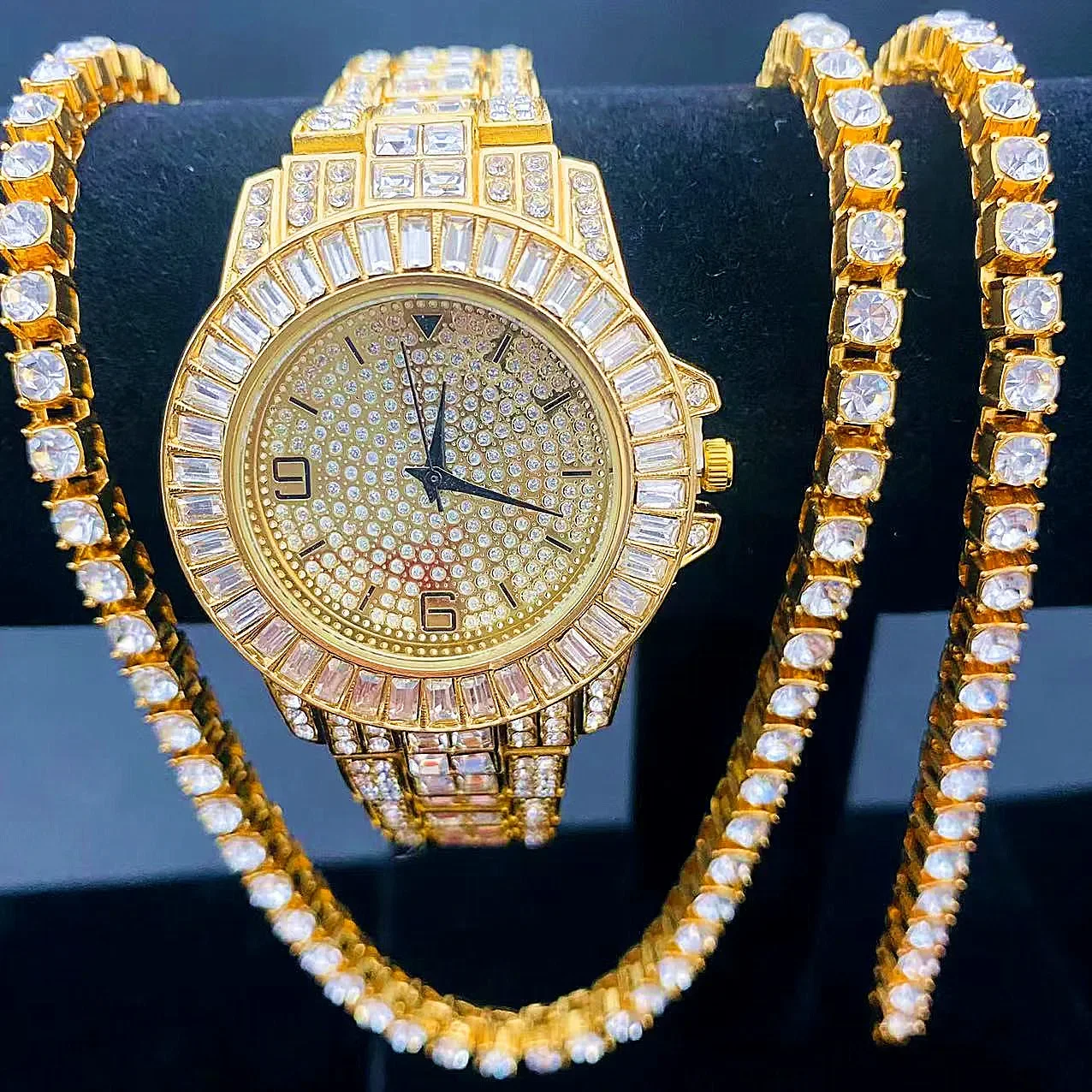 3PCS Luxury Iced Out Watches Men Women Tennis Chains Bracelet + Necklaces Bling Bling Jewelry Diamond Men's Watch Women Calendar