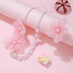 2Pcs/set Pink Flower Lace Charm Necklace Bracelet Princess Girl Jewelry Set for Daughter Niece Best Party Birthday Gifts