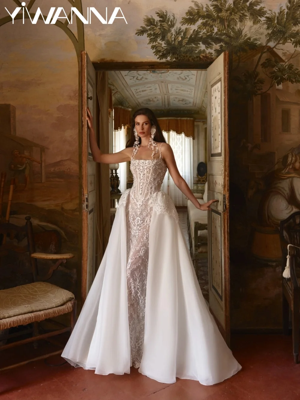 New Shimmering Pearls Wedding Dress With Overskirt Dreamy Lace Thin Straps Bridal Gown Customized Gorgeous Dresses For Bride