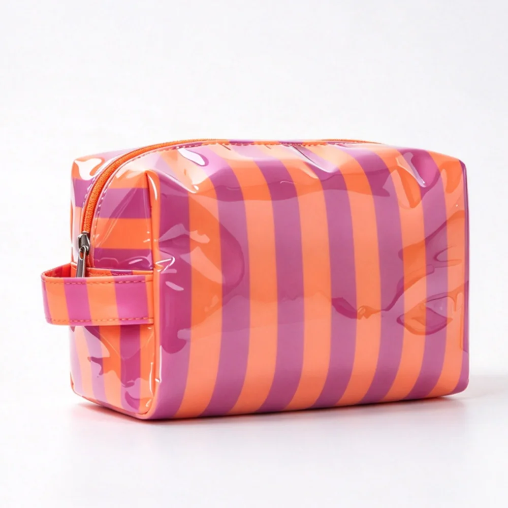 Stylish Pink Strip Travel Makeup Bag Large Capacity Portable Cosmetic Handbag Lipstick Storage Toiletry Bag for Girls