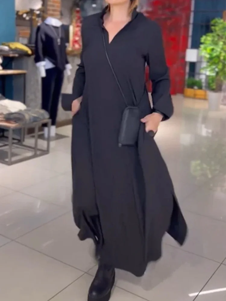 Eid Muslim Party Dress for Women V Neck Ramadan Abaya Long Dress Loose Full Sleeve Pocket Dress Vestido Dubai Robe Jalabiya 2024