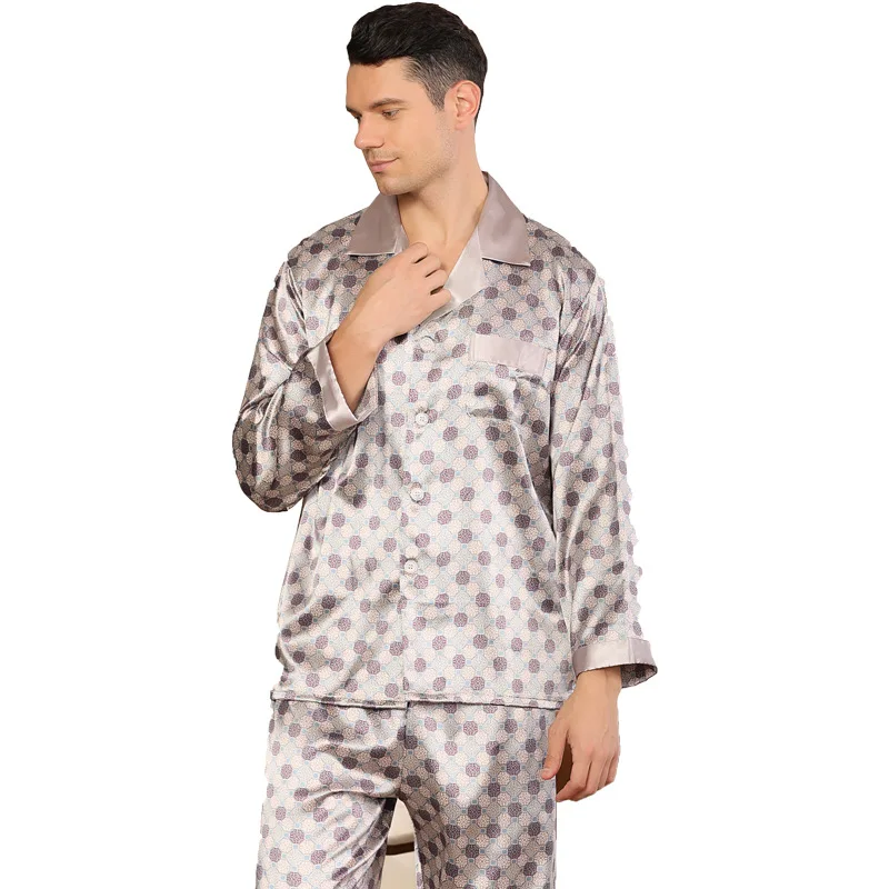 Printed Silk Pajamas for Men Sleepwear Cozy Soft Smooth Silk Long Sleeve Nightgown Tops Trousers Two Pieces Mens Pajama Set