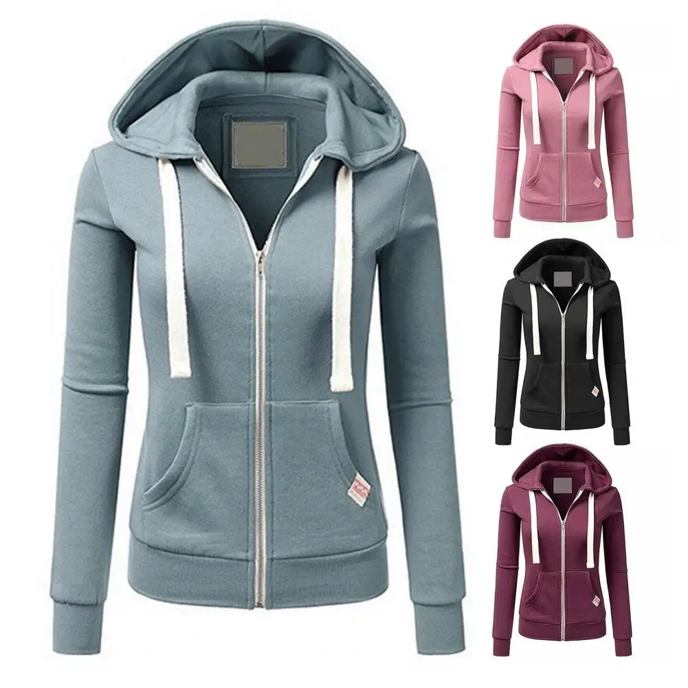 Moletom esportivo feminino com capuz e cordão elegante jaqueta feminina com fecho de zíper mangas compridas para outono para conveniência para esporte